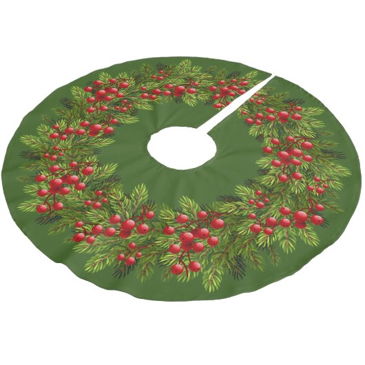 Red Holly Berries Green Pine Tree Needles Motif Kerstboom Rok (Gekanteld)