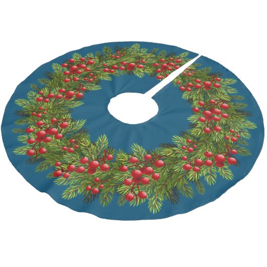 Red Holly Berries Green Pine Tree Needles Motif Kerstboom Rok (Gekanteld)