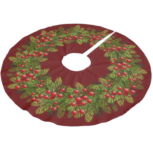 Red Holly Berries Green Pine Tree Needles Motif Kerstboom Rok (Gekanteld)