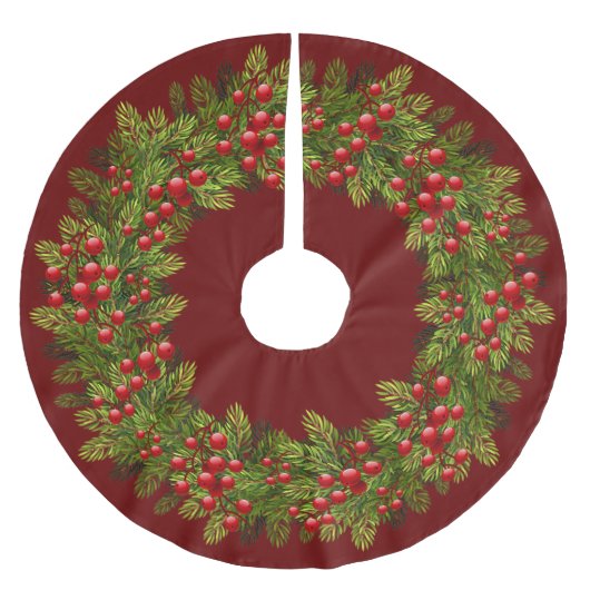 Red Holly Berries Green Pine Tree Needles Motif Kerstboom Rok (Voorkant)