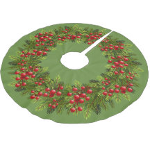 Red Holly Berries Green Pine Tree Needles Motif