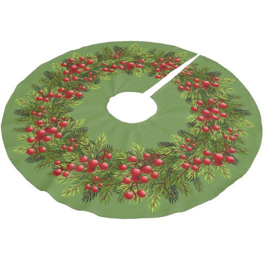 Red Holly Berries Green Pine Tree Needles Motif Kerstboom Rok (Gekanteld)