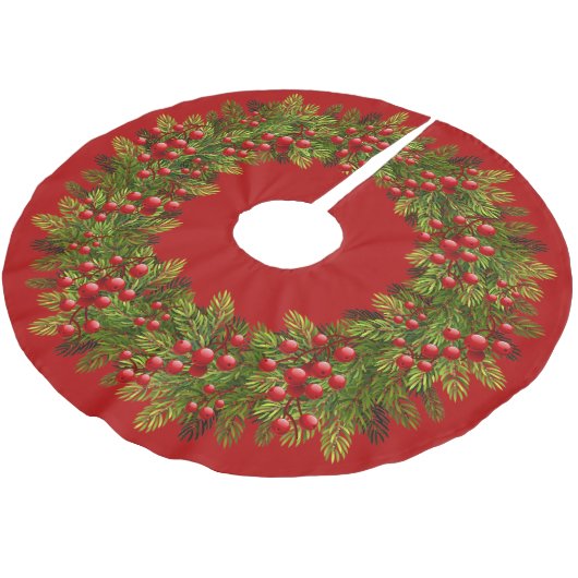 Red Holly Berries Green Pine Tree Needles Motif Kerstboom Rok (Gekanteld)