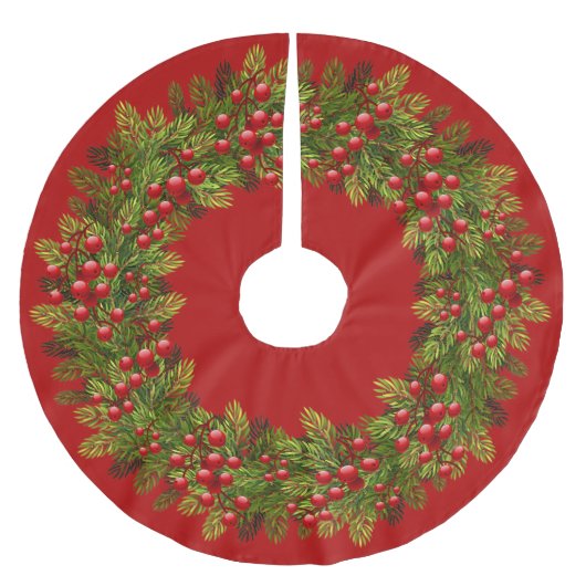 Red Holly Berries Green Pine Tree Needles Motif Kerstboom Rok (Voorkant)