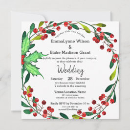 Red Holly Berries Green Wreath White Wedding Kaart
