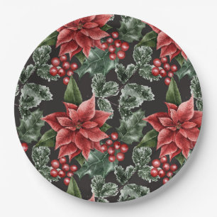 Red Holly Berries Poinsettia Greenery Kerstmis Papieren Bordje