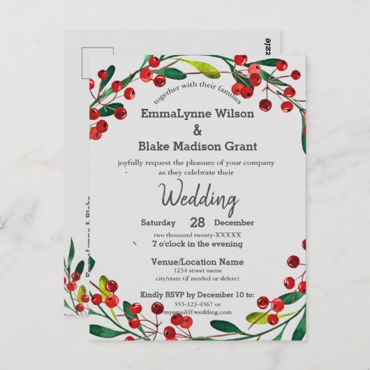 Red Holly Berries Wreath Xmas Weddenschap Briefkaart (Voorkant / Achterkant)