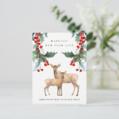 RED HOLLY BERRY DEER DUO NIEUWJAAR CORPORATE LOGO FEESTDAGENKAART (Staand voorkant)