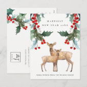 RED HOLLY BERRY DEER DUO NIEUWJAAR CORPORATE LOGO FEESTDAGENKAART (Voorkant / Achterkant)