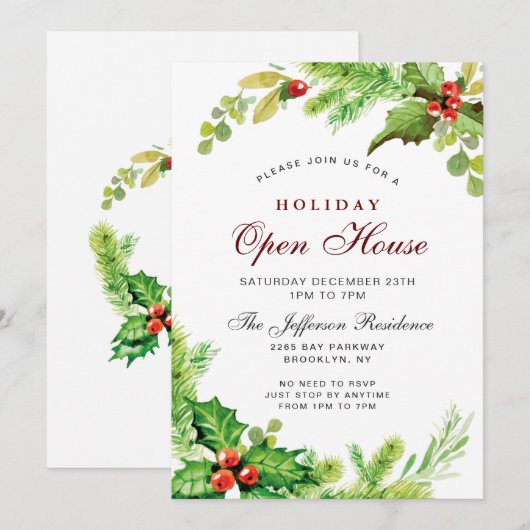Red Holly Berry kerst Open House Kaart (Voorkant / Achterkant)