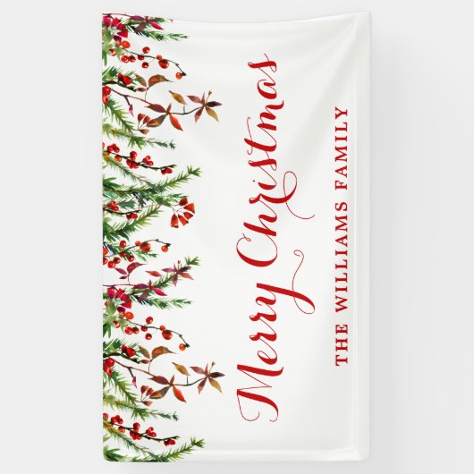 Red Holly Berry krans Waterverf Kerstfeest Spandoek (Verticaal)