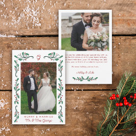 Red Holly Frame Merry & Married Christmas Photo Feestdagenkaart