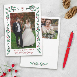 Red Holly Frame Merry & Married Christmas Photos Feestdagenkaart