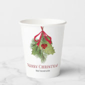 Red Holly Greenery Merry Christmas Custom Papieren Bekers (Achterkant)