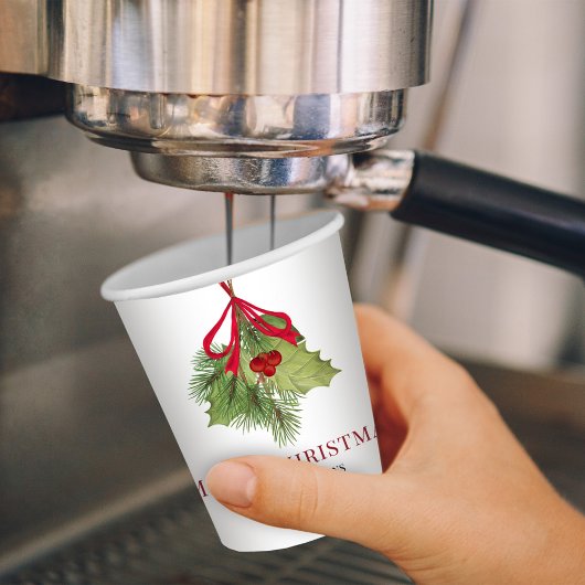 Red Holly Greenery Merry Christmas Custom Papieren Bekers