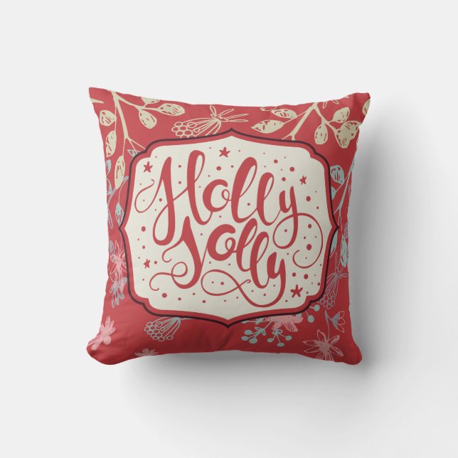  Red Holly Jolly Calligrafie en Florals Kussen (Voorkant)