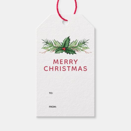 Red Holly Leaves Bouquet Kerstfeestdag Cadeaulabel (Voorkant)