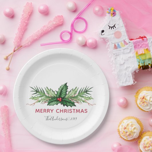 Red Holly Leaves Bouquet Kerstfeestdag Papieren Bordje (Feest)