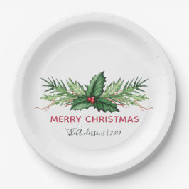 Red Holly Leaves Bouquet Kerstfeestdag Papieren Bordje