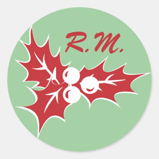 Red Holly Leaves Custom Initials Holiday Sticker (Voorkant)