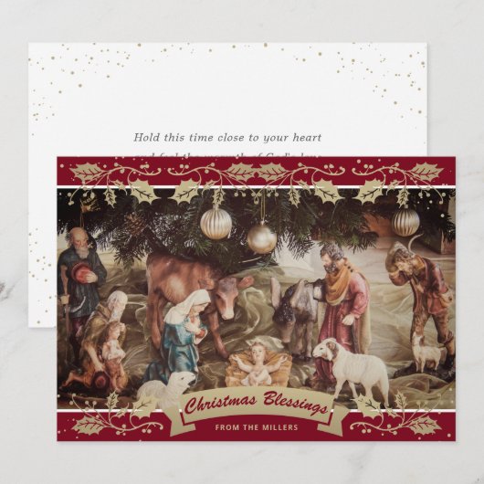 Red Holly Natitivity Scene Christelijk kerstmis Feestdagenkaart (Voorkant / Achterkant)