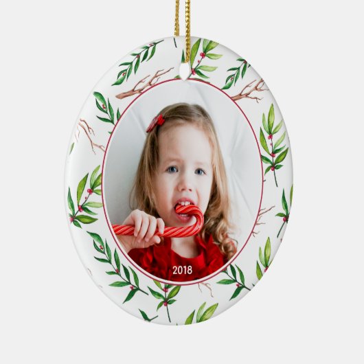 Red Holly Pattern kerstfoto Holiday Keramisch Ornament (Rechts)