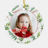 Red Holly Pattern kerstfoto Holiday Keramisch Ornament (Voorkant)