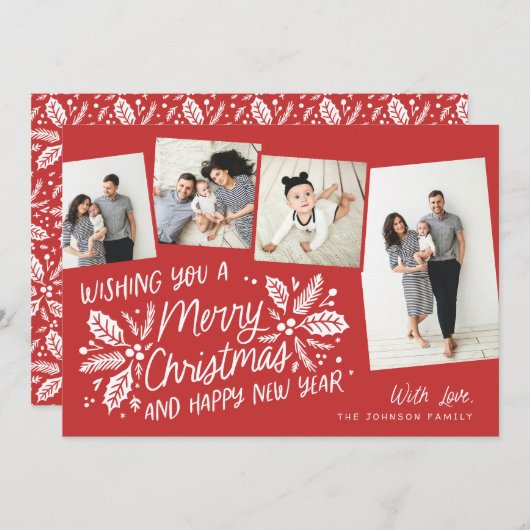 Red Holly Tilted Snapshot 4 Multi-Photo Feestdagenkaart (Voorkant / Achterkant)