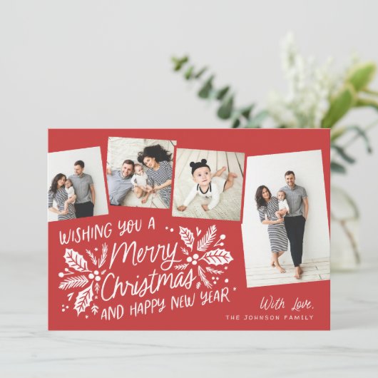 Red  Holly Tilted Snapshot 4 Multi-Photo Feestdagenkaart (Staand voorkant)