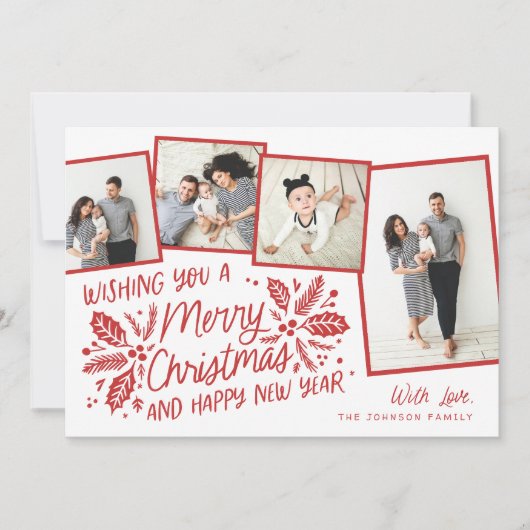Red  Holly Tilted Snapshot 4 Multi-Photo Feestdagenkaart (Voorkant)