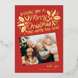 Red  Holly Tilted Snapshot met kerstmis Folie Feestdagenkaart