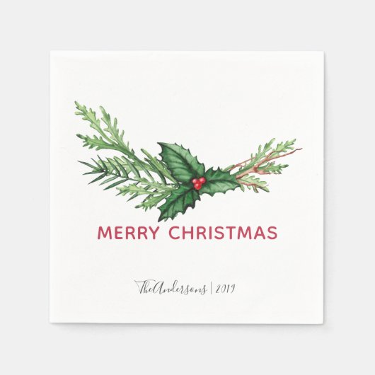 Red Holly Waterverf Bouquet kerstavond Servet (Voorkant)