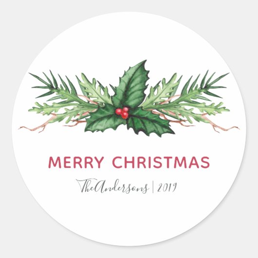 Red Holly Waterverf Foliage kerstfeestdag Ronde Sticker (Voorkant)