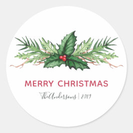 Red Holly Waterverf Foliage kerstfeestdag Ronde Sticker