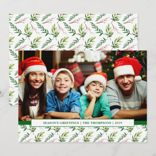 Red Holly Waterverf Merry Kerstfamilie Foto Feestdagenkaart (Voorkant / Achterkant)