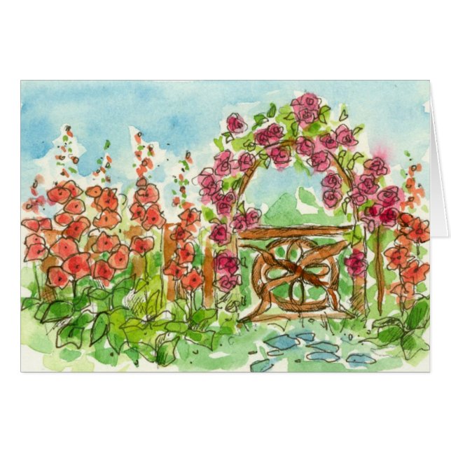 Red Hollyhock Waterverf Flowers Garden Gate Blank (Voorkant Horizontaal)