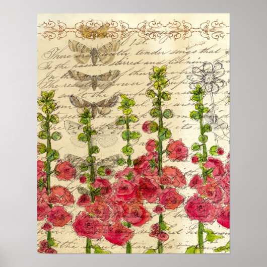 Red Hollyhocks Apple Blossom Butterfly Collage Poster (Voorkant)
