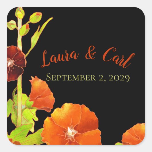 Red Hollyhocks Wedding Favor Vierkante Sticker (Voorkant)