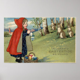 Red Hooded Girl die eieren aan konijnen afgeeft Poster