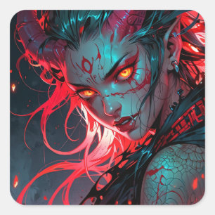 Red Horned Anime Girl Vierkante Sticker