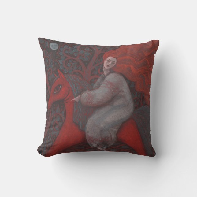 "Red Horse", gembervrouw, folkkunst, aardschoppen Kussen (Voorkant)