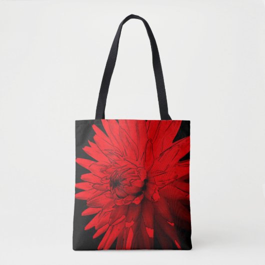 Red Hot Dahlia Abstracte Bloemenkunst Tote Bag (Voorkant)