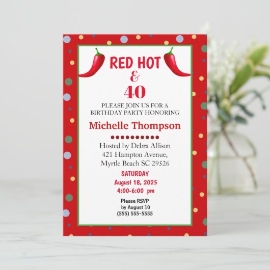 Red Hot en 40 Chili Pepper Birthday-uitnodigingen Kaart (Staand voorkant)
