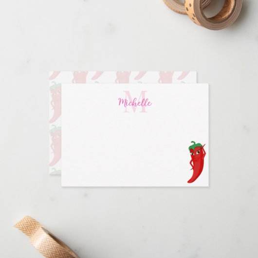 Red Hot Pepper Diva Cute Personalized Monogram Notitiekaartje (Voorkant / Achterkant in situ)