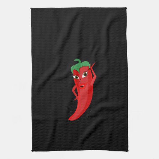Red Hot Pepper Diva op Black Towel Theedoek (Verticaal)