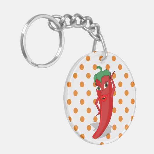 Red Hot Pepper Diva Oranje Polka Dot Pattern Sleutelhanger (Voorkant Links)