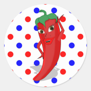 Red Hot Pepper Diva Red Blue Polka Dots Ronde Sticker