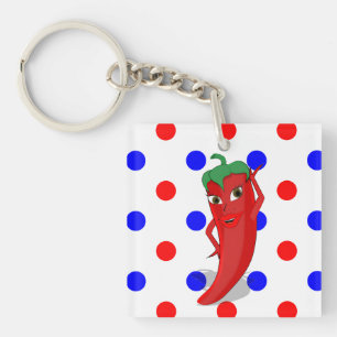 Red Hot Pepper Diva Red Blue Polka Dots Sleutelhanger