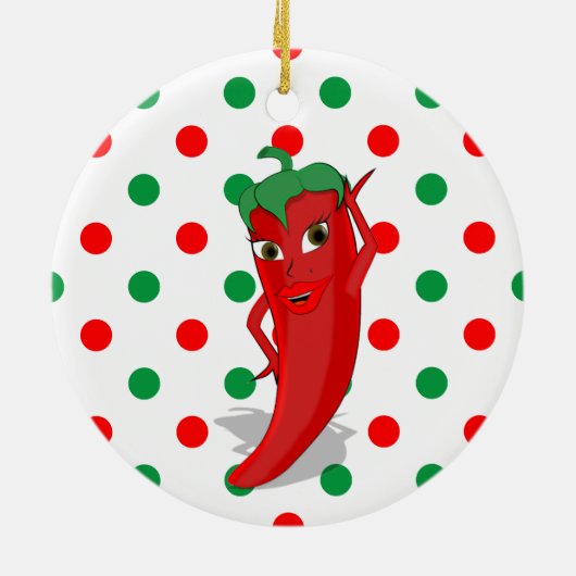 Red Hot Pepper Diva Red Green Polka Dots Keramisch Ornament (Achterkant)