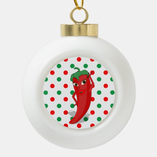 Red Hot Pepper Diva Red Green Polka Dots Keramische Bal Ornament (Voorkant)